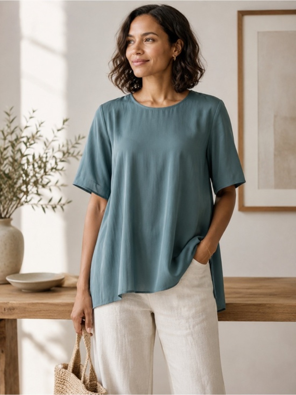 Eileen Fisher Dark Teal Tencel Lyocell Short Sleeve Tunic Top Blouse EUC S #2678